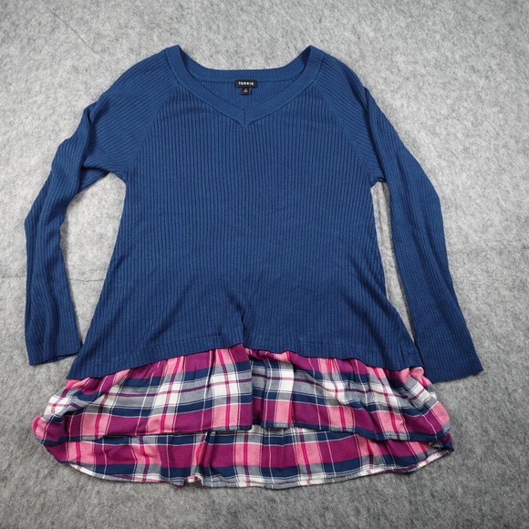 torrid Tops - Torrid Top Women Size 2X Blue Ribbed Mixed‎ Media Plaid Hem V Neck Long Sleeve